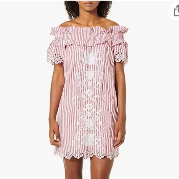 🆕‎ PARKER Cable Red & White Striped Off the Shoulder Floral Embroidered Dress - Picture 1 of 7